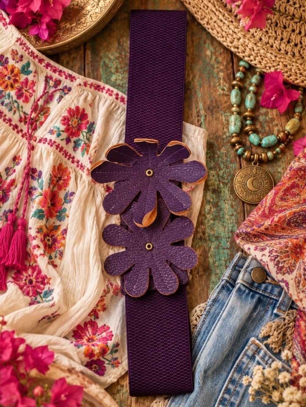 4/$15 Purple Floral Elastic Statement Belt Boho Y2K Western Cottagecore Maximal